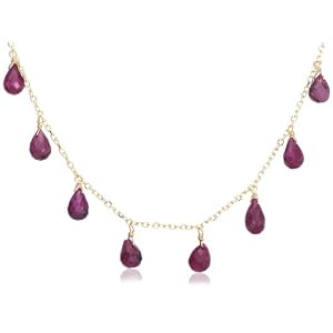 14k Yellow Gold, July Birthstone, Ruby Briolette Station Necklace, 16 by
