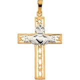 14K Yellow Gold Celtic Design and White Gold Crown Two-Tone Claddagh Cross Pendant
