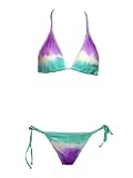 W Swim Aqua and Purple 2 Pc Paisley Lace Bikiniw/ Triangle Halter Top & Side Tie Bottom