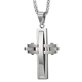 Mens 21 Century Stainless Steel Cross Pendant Chain Necklace (Silver)