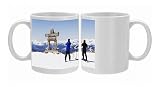 Skiers photographing an Inukshuk statue, Whistler mountain resort, 2010 Winter Photo Mugs