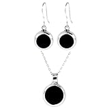 Sterling Silver Onyx Inlay Round Drop Earrings and Matching Pendant Set, 16