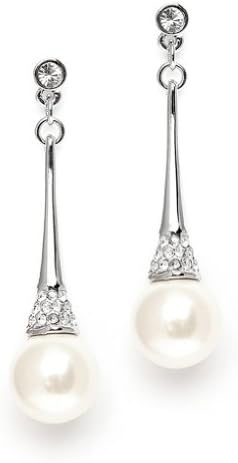 Simulated Pearl & Cubic Zirconia Wedding Earrings on Polished Silver-tone Dangle