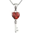 Garnet Cubic Zirconia Heart Key CAREFREE Sterling Silver Pendant Necklace
