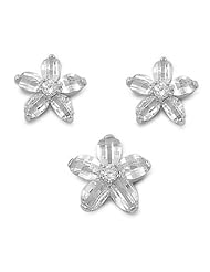 Sterling Silver Plumeria Nature Flower Pendant and Earrings Jewelry Set with Clear CZ