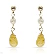 Earrings With 4.10ctw Precious Stones - Genuine Citrines and 4.5mm Freshwater Pearls Made in 14K Yellow Gold Length 29mm