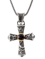 Sterling Silver 14Kt Yellow Gold Genuine Amethyst & Sapphires Cross Pendant Necklace on 18 Inch Popcorn Chain