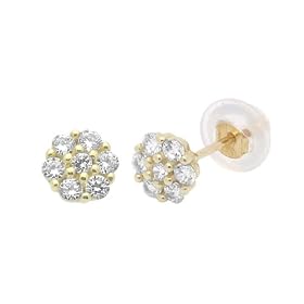 14K Gold Stud Earring White CZ Small Cluster Yellow Gold Earring With Screw-Back For Kids & Teens