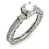 Brass 3-Stone Cubic Zirconia Contemporary Engagement Ring (Center Stone: 7.2 mm) Rhodium Plated