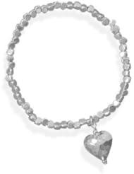 CleverSilvers Silver Bead Stretch Bracelet With Hammered Heart Charm