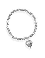 Silver Bead Stretch Bracelet with Hammered Heart Charm