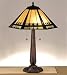 Finish:Mahogany Bronze, Light Bulb:(2)60w A19 Med F Incand Albuquerque Mission style-inspired table 
lamp. Shade features panels of Bone Beige and Moss Green with diamonds and bands of Rootbeer granite 
glass. Hand cut pieces of glass are wrapped in copper foil and soldered together in the Tiffany 
tradition.