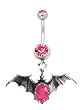 Stainless Steel Belly Ring with Pink Crystals - Dangling Bat