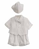 White Christian Baby Boy Tuxedo Suit Bird Pattern, Vest, Shirt, Bowtie, Short Pants, Hat