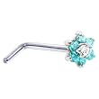 Solid 14KT White Gold Mint Green and Clear Cubic Zirconia Flower L-Shaped Nose Ring - 18 Gauge