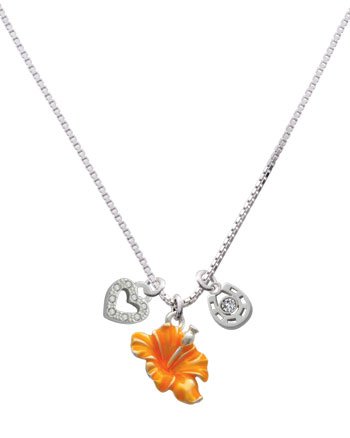 Hot Orange Hibiscus Flower, Love, and Luck Charm Necklace [Jewelry]