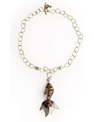 Meg Carter Designs 14k Gold Plate, Freshwater Pearl, Mother of Pearl, and Purple Cloissone Fish "Poisson" Necklace in Aubergine