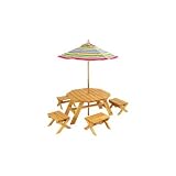 Product details for KidKraft 00042 Octagon Table Set with 4 Stools & Striped Umbrella