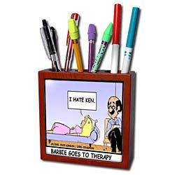Londons Times Famous People Places Books Cartoons - BARBIE IN THERAPY - Tile Pen Holders-5 inch tile pen holder