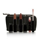 MAC Limited Edition Set Pleat 3 Peach Lips 4 Piece Set Includes: Enchantress LipGlass + Ramblin' Rose Frost Lipstick + Strapless Lustre Lipstick + Embellished Satin Makeup Bag