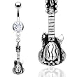 Clear Gem Guitar with Skull Belly Ring - 14G - 3/8 Bar Length - Sold Individually