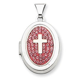 Sterling Silver 18mm Oval Cross Light Rose Crystal Locket