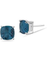 2.72 Cts of 7 mm AA Cushion Checkered London Blue Topaz Stud Earrings in 14K White Gold