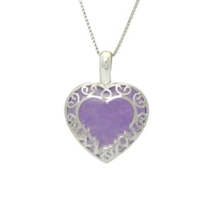 Sterling Silver Lavender Jade Filigree Heart Pendant on Chain, 18 by