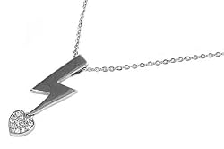 Sterling Silver CZ Necklace - Lightning Bolt and Heart - Chain: 16-18" (Adjustable) Height: 33mm
