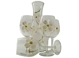 ArtisanStreet's Dogwood Wine Glasses & Carafe 5 Piece Set. Each Piece Features White Dogwood Blossoms Trimmed with Green Leaves. One of a Kind & Signed by Artisan.
