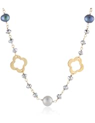Silver Grey Potato and Faceted Freshwater Cultured Pearl Glass Beads In Gold over Silver Wire Link Endless Necklace, 46"