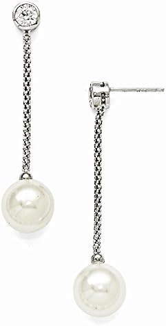 Sterling Silver Majestik 10-11mm White Shell Pearl & CZ Dangle Earrings