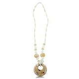 Circular Floral Murano Glass Pendant on Golden and White Beaded Chain, 28 Inches Long