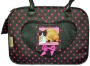 Designer Pet Carrier Black and Pink Dots with Heart Shaped Window