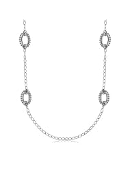 Sterling Silver Beaded Oval Station Long Necklace with Rhodium Plating
