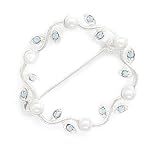 Wavy Circle Fashion Pin with Blue Crystals and White Simulated Pearls
