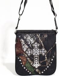Mossy Oak Studded Camouflage Messenger Bag w/ Rhinestone Cross & Floral Trim - Camo/Black Color: Camouflage/Tan Trim