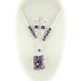 Amethyst Crystals Stone Pendant Freshwater Pearl Lariat Necklace Earrings ne1215