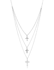 Sterling Silver Cross Triple Strand Necklace, 16"