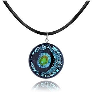 Akuamarina Collier pendentif rond en verre murano et feuille argent bleu/or