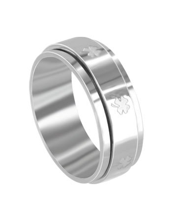 Stainless Steel 8mm Wide Spin Band with Lucky Four Leaf Clover Engraved Polished Finished Ring Size 7, 8, 9, 10, 11, 12, 13, 14, 15