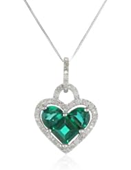 10k Gold Half Moon and Princess Created Emerald Stone Set and Diamond Heart Pendant Necklace (1/5 cttw, I Color, I2-I3 Clarity), 18"