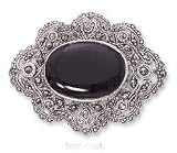 Sterling Silver 18 X 30mm Side Onyx Pin Scalloped Marcasite Border - 2 In
