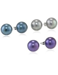 Honora Grey, Teal and Violet Freshwater Cultured Pearl Stud Earrings Set