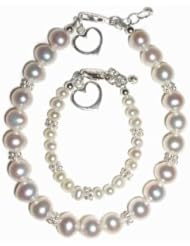 Mom and Me, Sterling Silver Bracelet Set for mother and daughter. This beautiful keepsake uses beautiful freshwater pearls accented with silver and adorned with matching silver heart charms. Mothers bracelet is adjustable 7-71/2" and daughters Size Medium 1-5 Years, 5-5.5 Inches