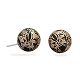 Sterling Silver Gold Color with Black Design Stud Earrings