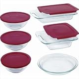 Pyrex Easy Grab 11 piece Bake and Store set includes 1-ea 3 quartoblong, 8 inch square, 1 quart mixing bowl, 1.5 quart mixing bowl, 2.5quart mixing bowl with red plastic covers, 9 inch pie plate