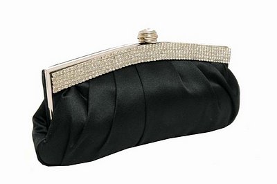 Black satin pleated body diamante trim clutch bag 