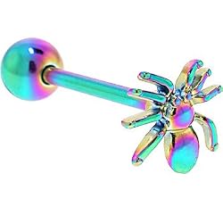 Rainbow Titanium Anodized 3-D Spider Barbell Tongue Ring