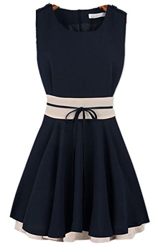 Finejo Women Splicing Decoration Waist Short Design One-Piece Dress